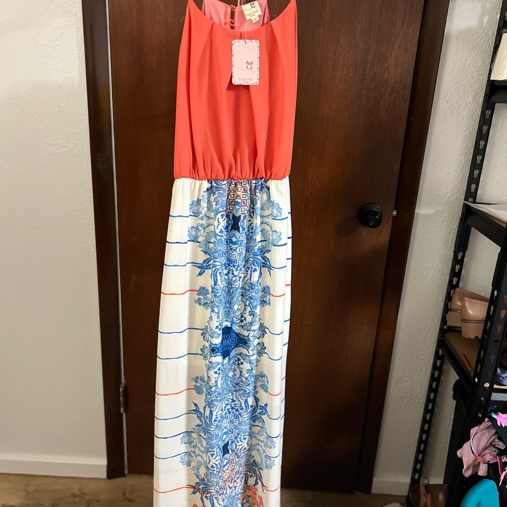 Elegant Red and Blue Maxi Dress